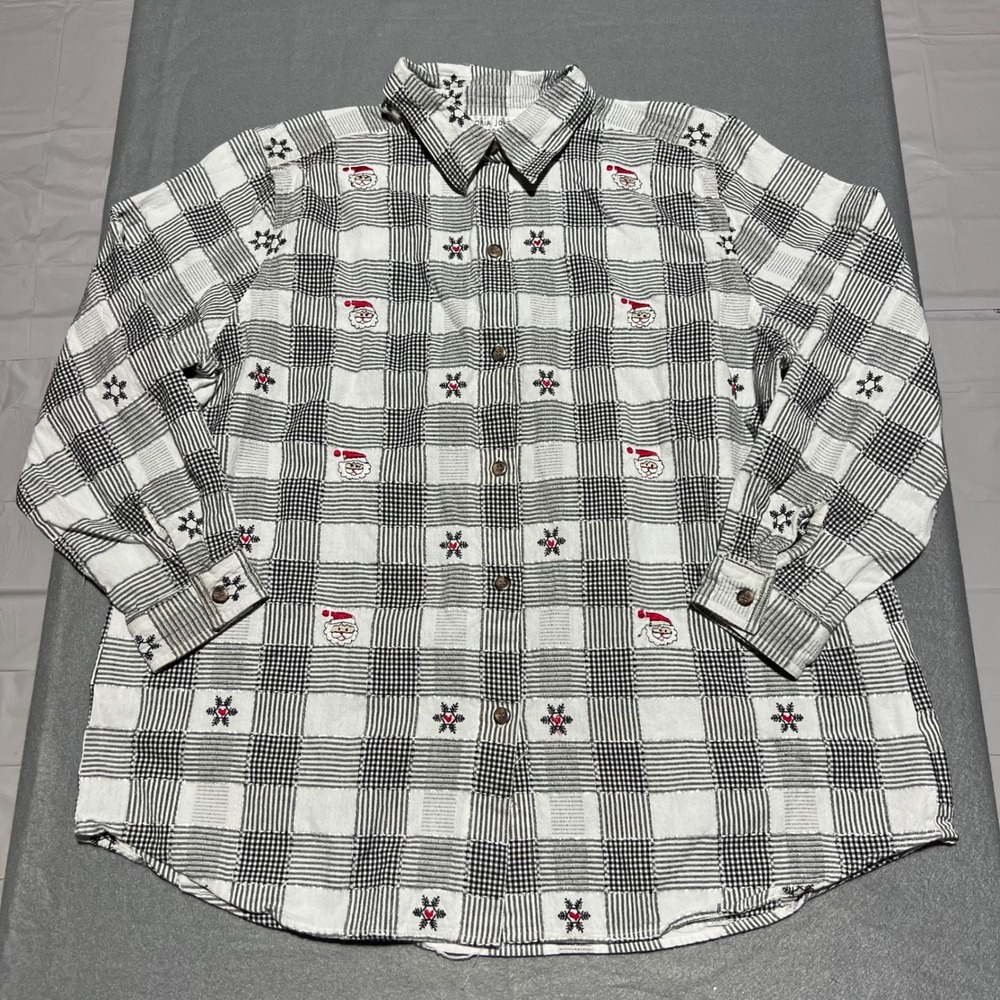 Victoria Jones Woman Christmas Santa Snowflake Plaid Shirt Black White 1X